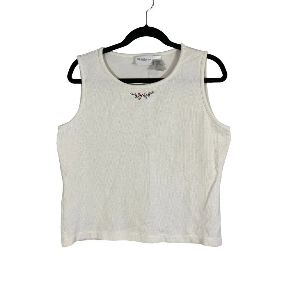 Retro Christmas Holly Tank Ribbed Cream XL Festive Holiday Chic Neutral 80s - Picture 1 of 5